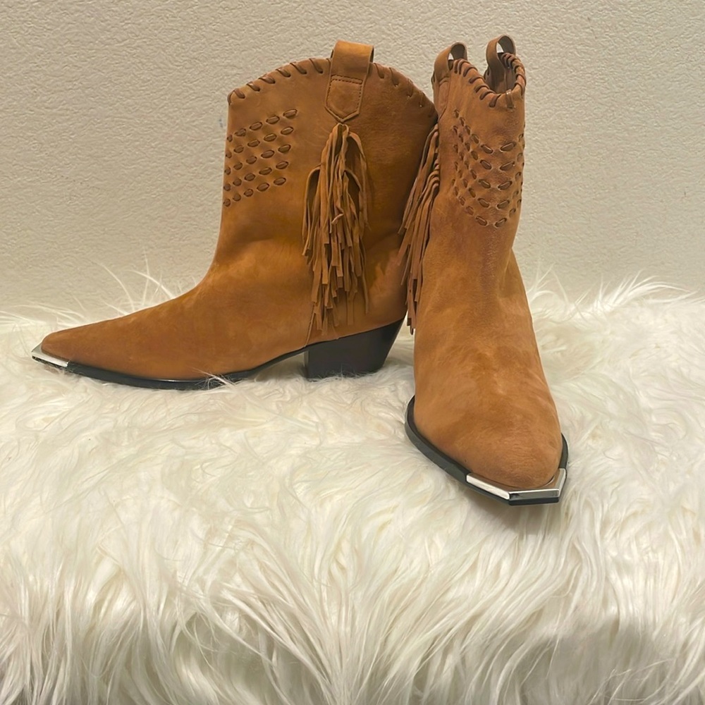 Schutz Alexxa Western Fringe Suede Cowboy Boots Brown Size 7.5 NWT - Picture 9 of 15